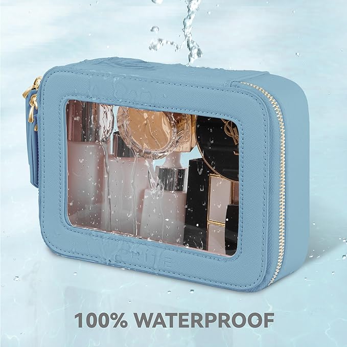 Prite Clear Makeup Bag Cosmetic Organizer Case Waterproof Travel Toiletry Bag Skincare Pouch with Golden Zipper (Blue)