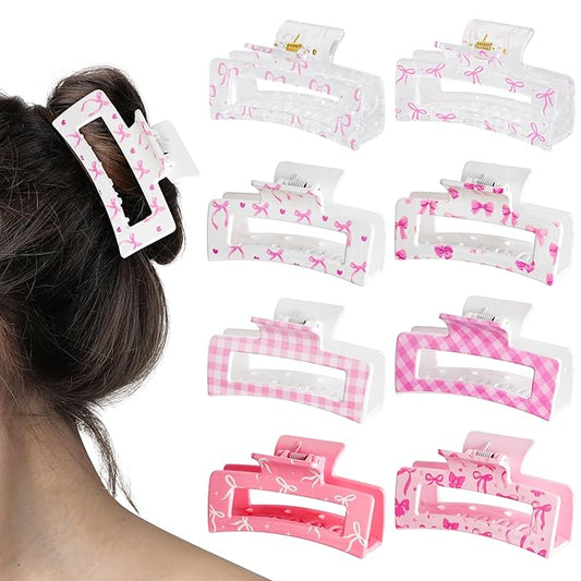 PANTIDE 8Pcs Coquette Pink Bow Hair Claw Clips for Women Girls - Cute Bow Preppy Trendy Rectangle Nonslip Hair Clips, Thin Thick Short Long Curly Accessories, Birthday Bachelorette Wedding Gift