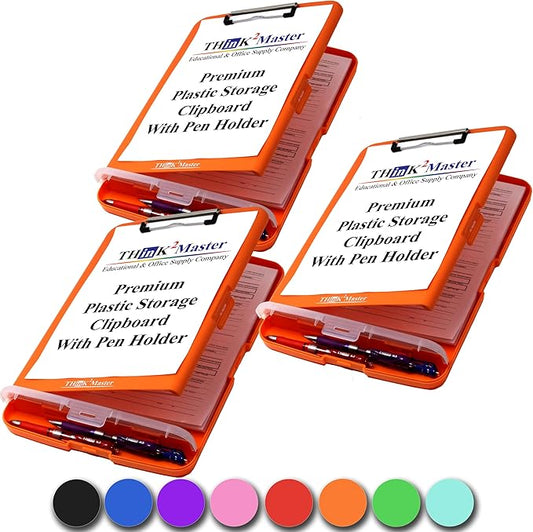 Think2Master [3 Pack] Orange Plastic Storage Clipboard with Pencil Holder. | 25% Heavier & 25% Sturdier| Heavy Duty. Nursing, Teacher & Classroom Must Have.