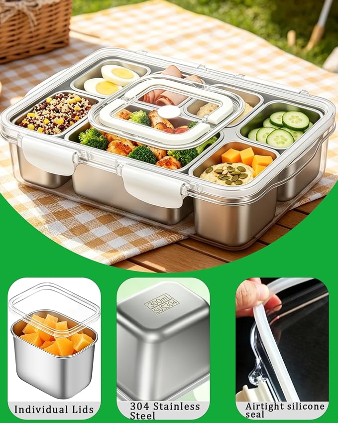 Snackle Box Container, Stainless Steel Divided Serving Tray with Lid and Handle, Large Snack Tray for Fruit Veggie Candy, 7-Compartment Snack Platter for Travel Party Beach Picnic