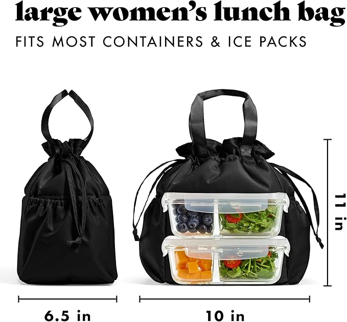 Fit & Fresh Cromwell Drawstring Lunch Bag for Women, Complete Lunch Set with 2 Containers, Stain-Resistant, Leak-Resistant, Back to School Essential, Teacher Lunchbox, Black