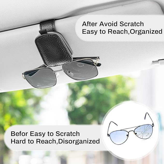 SINGARO Sunglasses Holder for Car, Leather Magnetic Buckle Sun Visor Sunglass Clip, Ticket Card Storage Glasses Clip, Car Interior Accessories for Men and Women（Black-Gray）