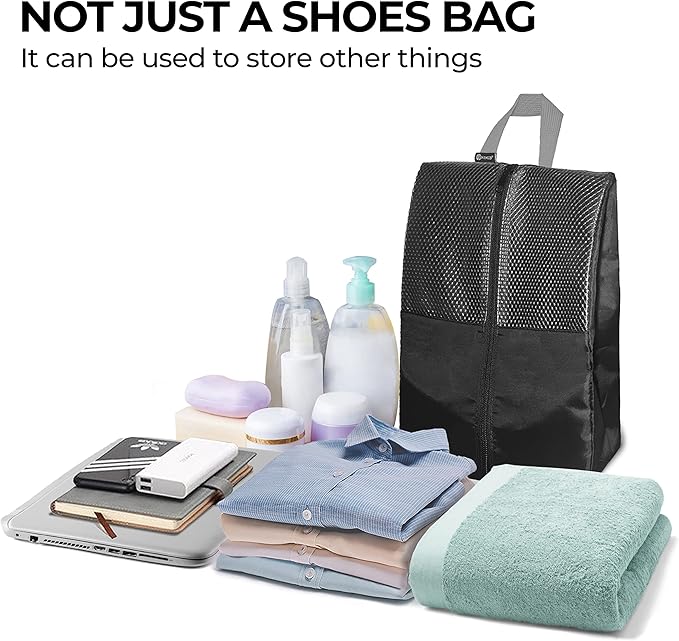 Shoe Bags For Travel, Used For Storage or as a Shoe Travel Bag, Space Saving When Traveling With These Travel Shoe Bags For Packing, Featuring Waterproof Nylon Sneaker Bags. (Black, 2 Pack, Large)