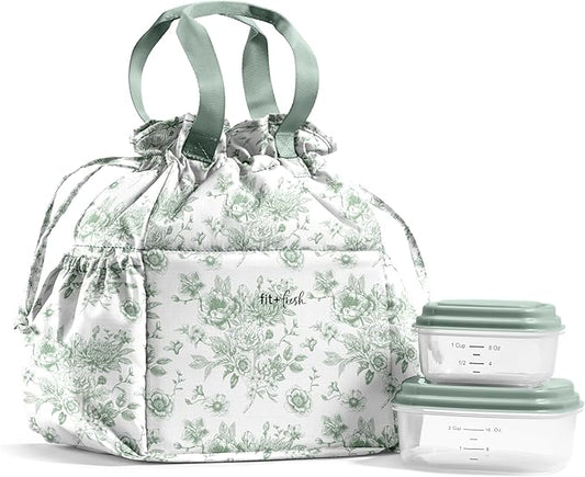 Fit & Fresh Cromwell Drawstring Lunch Bag for Women, Complete Lunch Set with 2 Containers, Stain-Resistant, Leak-Resistant, Back to School Essential, Teacher Lunchbox, Sage Floral Toile