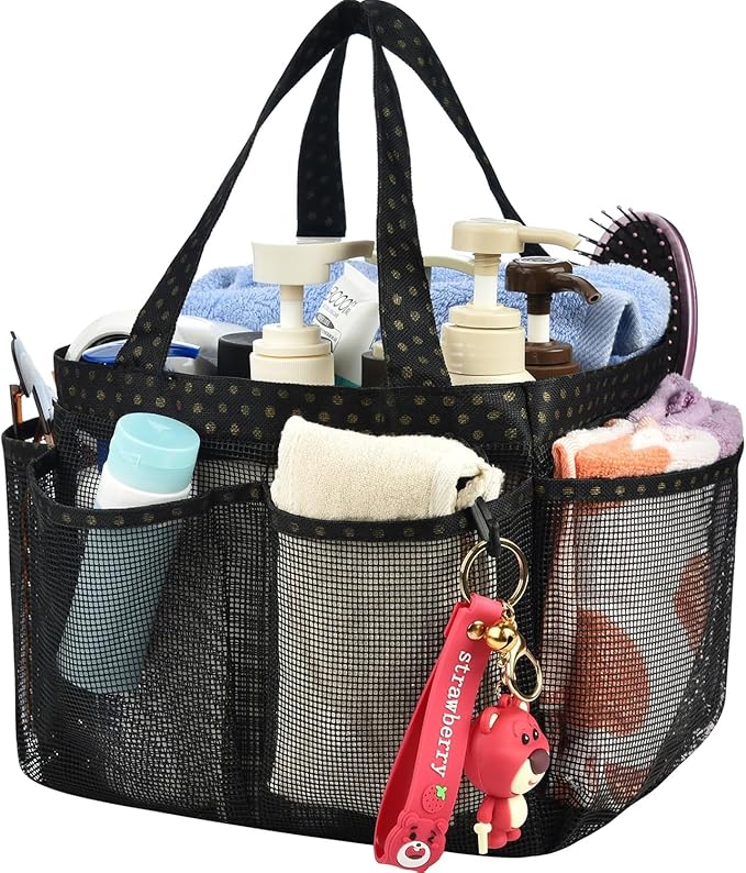 Haundry Mesh Shower Caddy Basket, Large College Dorm Bathroom Caddy Organizer with Key Hook and Oxford Handles, 8 Pockets, Hanging Portable Tote Bag for Camp Gym