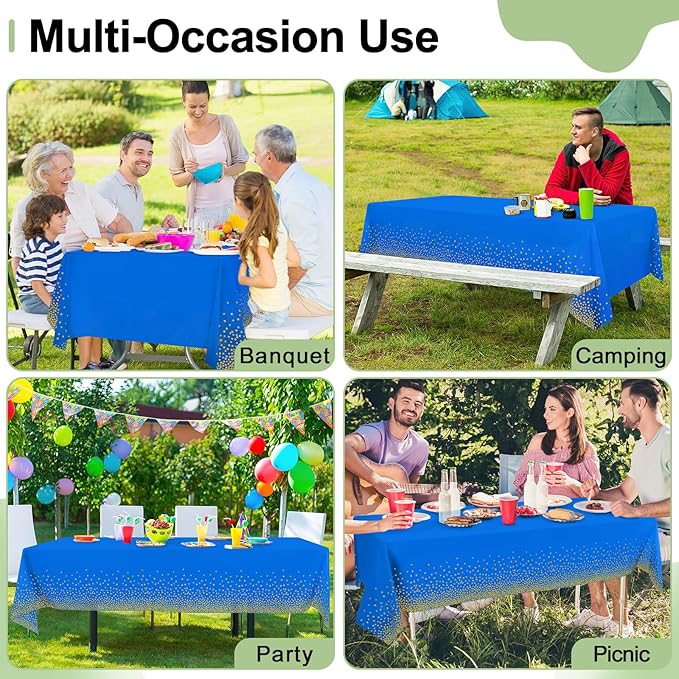 misaya 3 Packs Dot Disposable Table Cloth, 54 x 108 Inch Waterproof Plastic Tablecloth, Rectangle Gold Dots in Blue Table Covers for Picnic, Birthday, Party