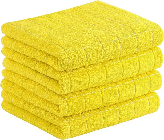 Homaxy 100% Cotton Terry Kitchen Towels(Yellow, 13 x 28 inches), Checkered Designed, Soft and Super Absorbent Dish Towels, 4 Pack