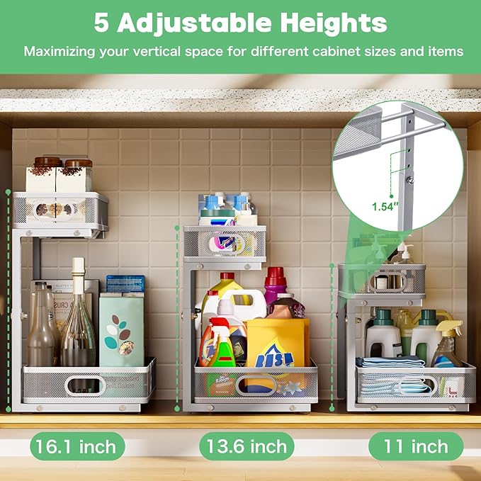 Under Sink Organizer, Highly Adjustable 2-Tier Under Sink Organizers and Storage, Slide-Out Metal Cabinet Organizers, Pull-Out Sink Storage Drawer Shelf for Kitchen Bathroom Cabinet, Grey, 2 Pack