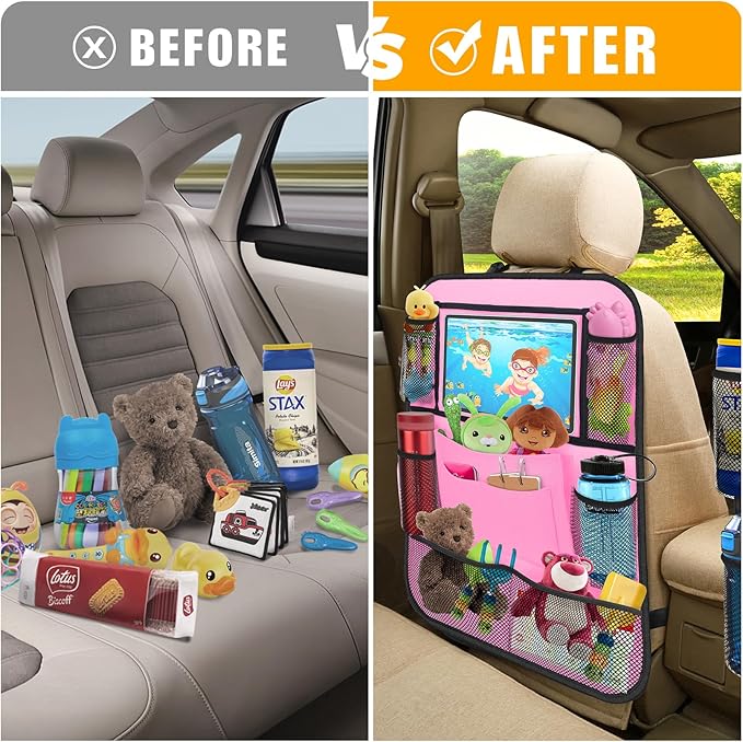 Car Backseat Organizer with 11" Tablet Holder, 10 Storage Pockets, Seat Back Protectors, Kick Mats for Kids & Toddlers, Travel Accessories, 2 Pack, Pink