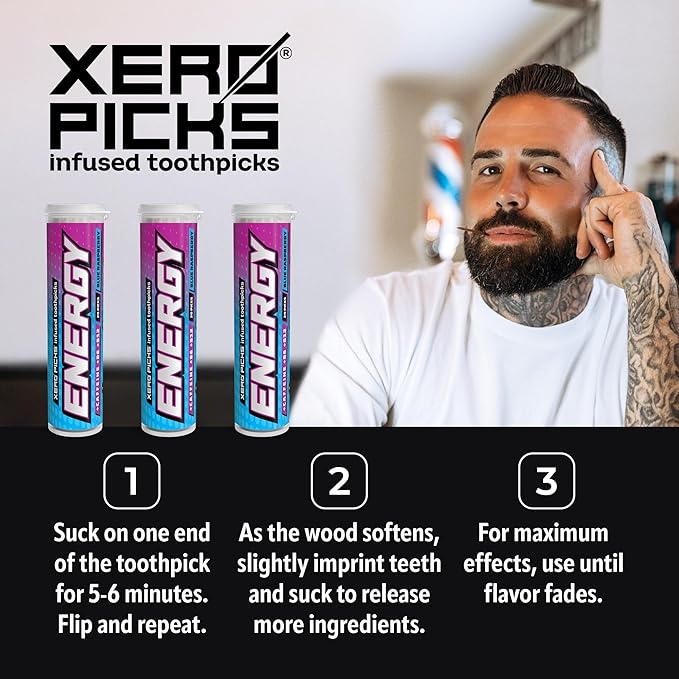 Xero Picks Energy Caffeine Flavored Toothpicks B12 for Focus & B6, 60 Picks (Pack of 3) (Blue Raspberry) Sugar-Free Alternative to Energy Mints & Gum - Kosher