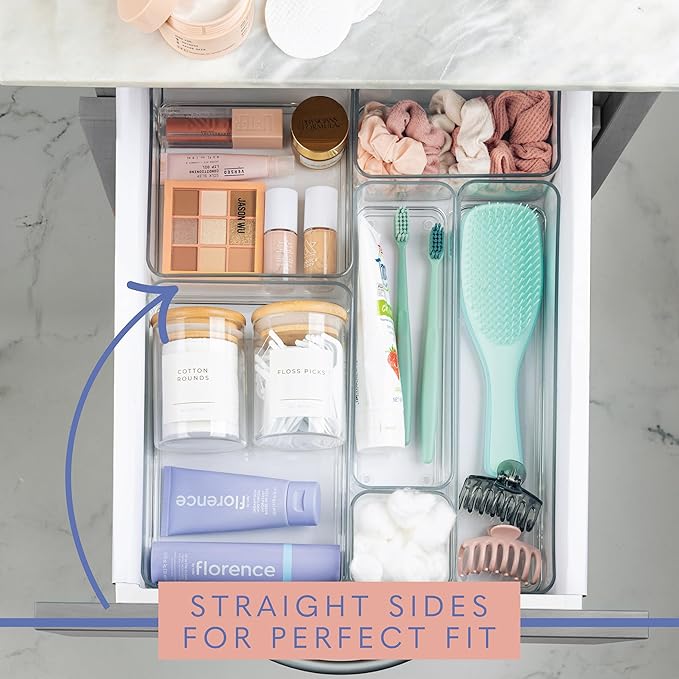 primebox Plastic Clear Drawer Organizers. Bathroom, Kitchen, Bedroom, Makeup, Office Organizer Bins, Storage Trays. Heavy Duty, Stackable. 6" x 6" x 2" Set of 6