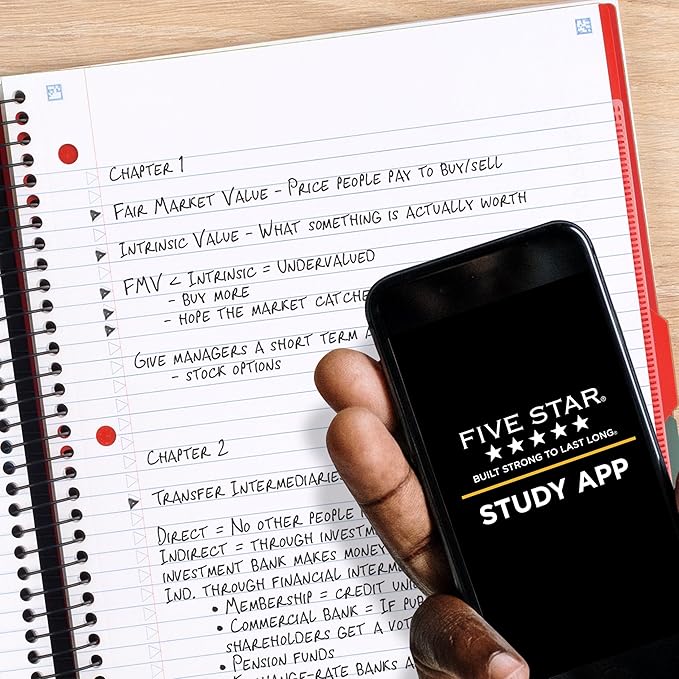 Five Star Advance Spiral Notebook + Study App, 5 Subject, College Ruled Paper, 8-1/2" x 11", 200 Sheets, Spiral Guard, Movable Tabbed Dividers, Fire Red (73146)