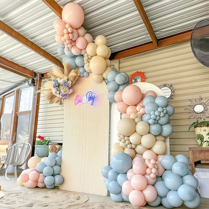 Gender Reveal Balloon Arch Kit 115Pcs Dusty Blue Blush Balloons Garland Boho Retro Peach Cream Orange Ivory White Sand Birthday Party Balloons for Boys or Girls Baptism Baby Bridal Shower Decorations