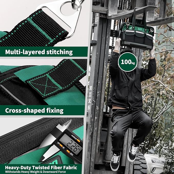 Tool Bag 16 Inch Heavy Duty, 18-Pocket Molded Bottom Toolbox Organizer, Portable Waterproof, Upgraded Handle Tool Bag with Adjustable Shoulder Strap for Mechanics, DIY, Dad Birthday Gift