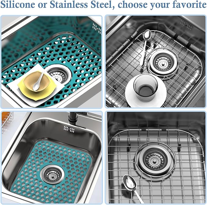 BEHOK Silicone Sink Protector for Kitchen Bathroom Sink, 2 Pack 13.58"x 11.6" Heat-resistant Mat, Non-Slip and Durable Silicone Protectors, Center Drain (Green)