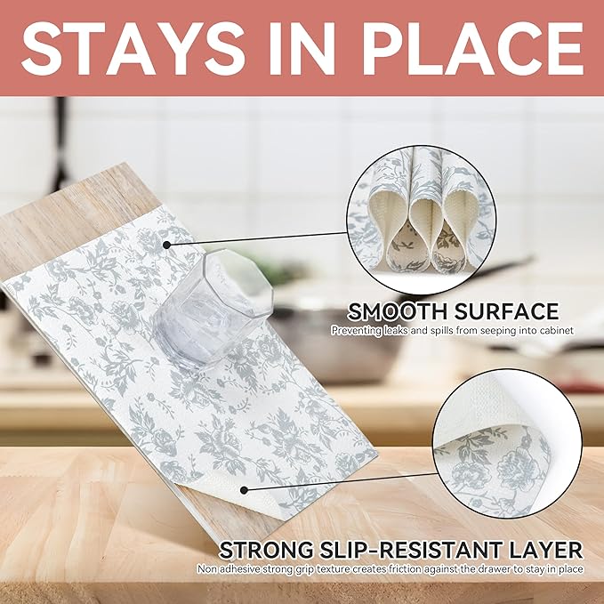 RAY STAR Shelf Liner, Non Adhesive Silver Floral Kitchen Cabinet Liner for Pantry Drawer Vanity, Strong Grip Non Slip Waterproof, Shelf Liners for Kitchen Cabinets Cupboard 12 Inch x 10 FT (2 Rolls)