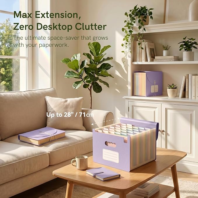 ABC life 26 Pockets Accordion File Organizer, High Capacity Expanding File Folder for Letter A4 Size, Portable Document Holder with A-Z Tabs for Tax Receipt, Teacher & Home Office -Dusty Lavender