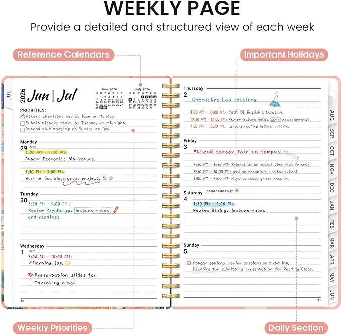 Planner 2026-2027, Academic Monthly and Weekly Calendar Planner for Women, July 2026 - June 2027, Hardcover Pretty Agenda Planner Book with Tabs, Spiral Daily Organizer for School Office Home Supplies, 8.5" x 11" - Bookish Kitty