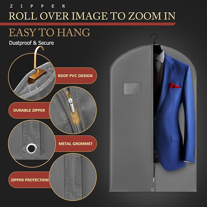 2 Pack 40-inch Suit Bag Garment Bag for Travel and Storage, Garment Bags for Hanging Clothes with Zipper and Visible Transparent Window, Waterproof Breathable Nonwoven Fabric, Gray