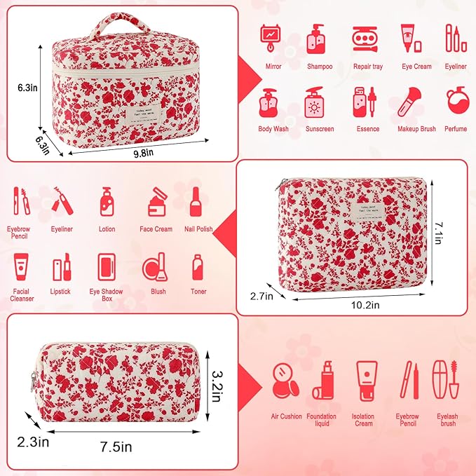 3Pcs Cotton Quilted Makeup Bag for Women Girls Large Small Travel Floral Cosmetic Bag Set Hot Pink Floral Print Zipper Make Up Pouch Aesthetic Cloth Flower Storage Toiletry Bags Organizer