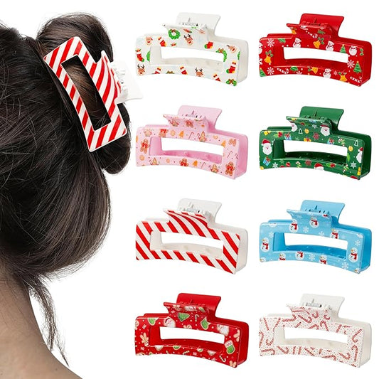 PANTIDE 8Pcs Christmas Hair Claw Clips for Women Girl - Xmas Candy Cane Snowflake Red Green Rectangle Nonslip Banana Hair Clips, Thin Thick Short Long Curly Accessories, Christmas Party Gift