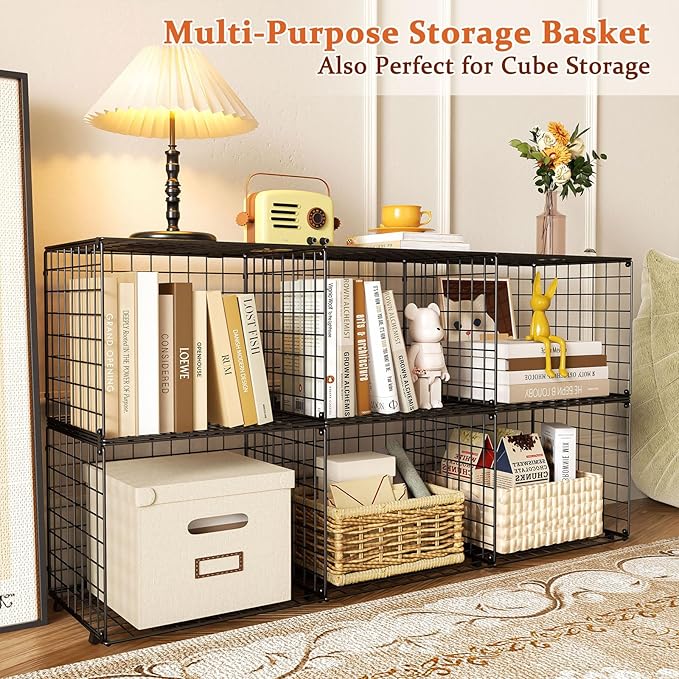 Upgraded Wider & Taller Closet Organizer with Wire Top Shelf, 3-Pack Stackable Closet Shelf Organizer, Space-Saving Clothes Organizer Basket for Closet and Wardrobe, Black