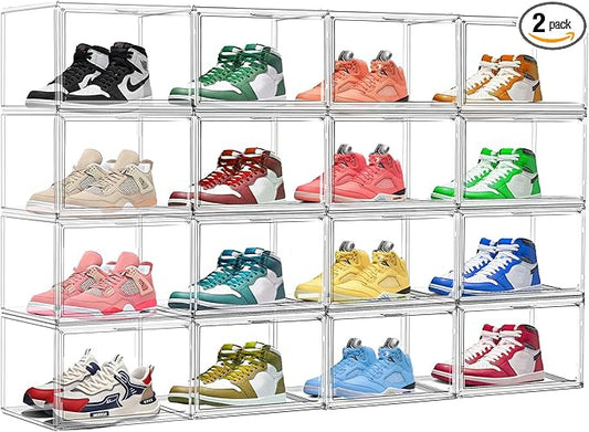 2 Pack Clear Shoe Storage Boxes Stackable Acrylic Shoe Display Case, Large Plastic Shoe Box Sneaker Organizer Purse Organizer with Magnetic Door, Size 12 or 13