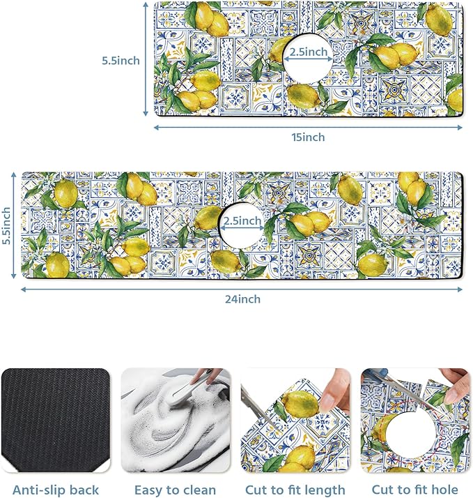 Patterned Sink Faucet Mat Kitchen Splash Guard Super Absorbent Drying Mat, Non-Slip Drain Pad for Kitchen Counter or Bathroom-15x5.5in