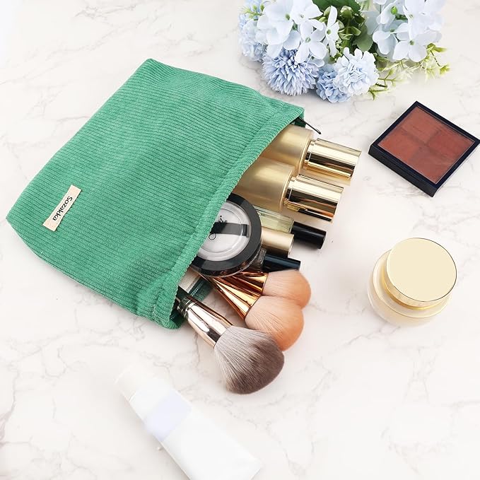 ZLFSQR Corduroy Makeup Bag for Women Small Corduroy Cosmetic Bag Large Cute Travel Makeup Pouch for Purse Green Cloth Cosmetic Pouch Zipper Storage Organizer Canvas Toiletry Bags