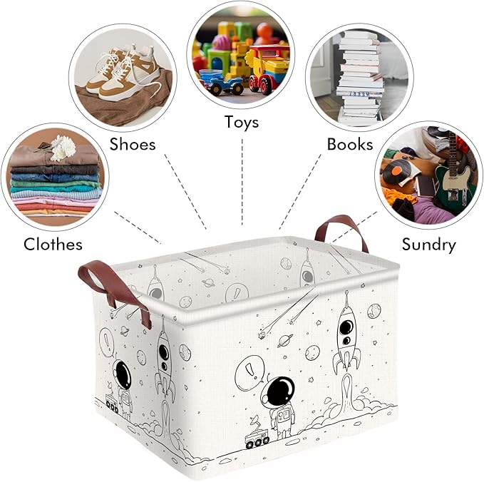 Spaceman Checkered Basket Waterproof Canvas Toy Storage Bin Room Decor Collapsible Outdoor Basket with Leather Handles Decor Blanket Baskets For Closets, Bedrooms, Gifts Baskets