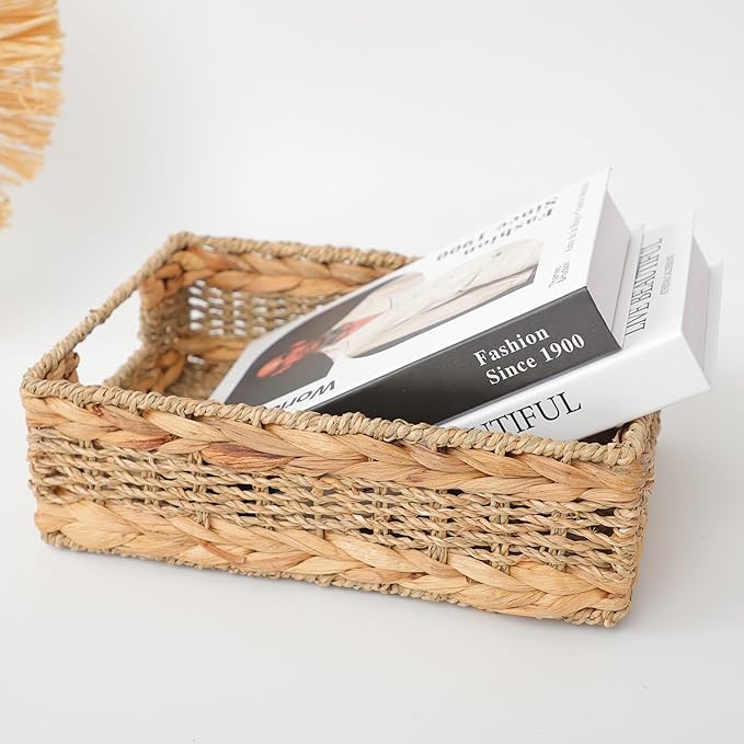 Water Hyacinth Storage Basket - Small Rustic Rectangle Woven basket Organizer with Handle for Home & Office Decor (Hyacinth&Seagrass)