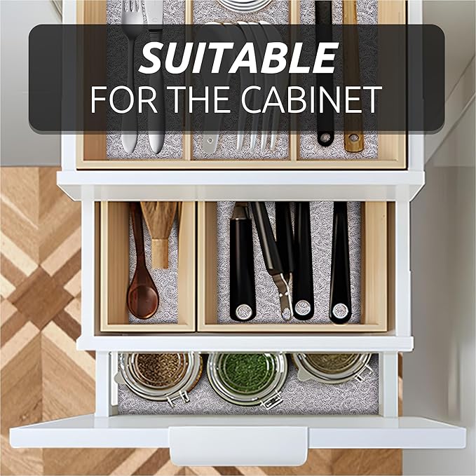 12X120 Inch Shelf Liner with Scissor & Tape Measure for Kitchen Cabinets, PVC Drawer Liner for Dresser Non-Slip Bathroom, Non-Adhesive Cabinet Liner Washable (Black)