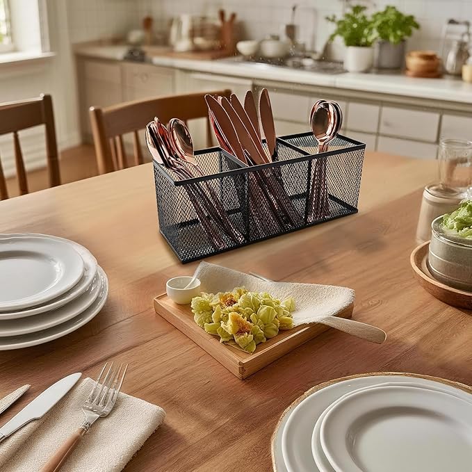 2-Pack Metal Mesh Pencil Holder, Spacious 3-Compartment Desk Organizer for Pens, Makeup Brushes, Utensils, Desktop Storage for Home, Office, School, Kitchen, 10.43x3.35x4.04 Inch, Black