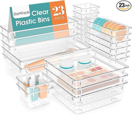 23 PCS Drawer Organizer Set, 5 Varied Size Bathroom and kitchen Drawer cabinet organizer Trays, Clear Storage Bins for Makeup, Jewelry, Utensils and Gadgets