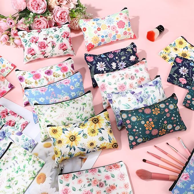 Reginary 20 Pcs Flower Cosmetic Bag Bulk for Women Floral Makeup Bags Gifts Roomy Flower Makeup Bags with Zipper Toiletry Bag Pouch Travel Accessory Organizer Gifts, 7 x 4.3 Inches