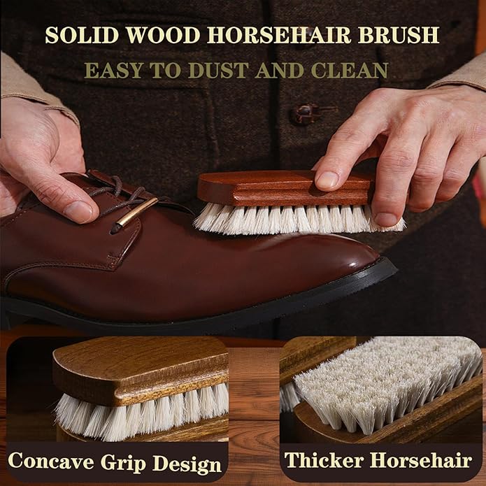 Shoe Shine Kit for both home and outdoor use ,10Pcs shoe polish kit ,4 Horsehair Shoe Brush, Black Shoe Polish and White Shoes Polish,ShoeHorn,2Polishing Cloth,Shoe Care Kit for Men and women.