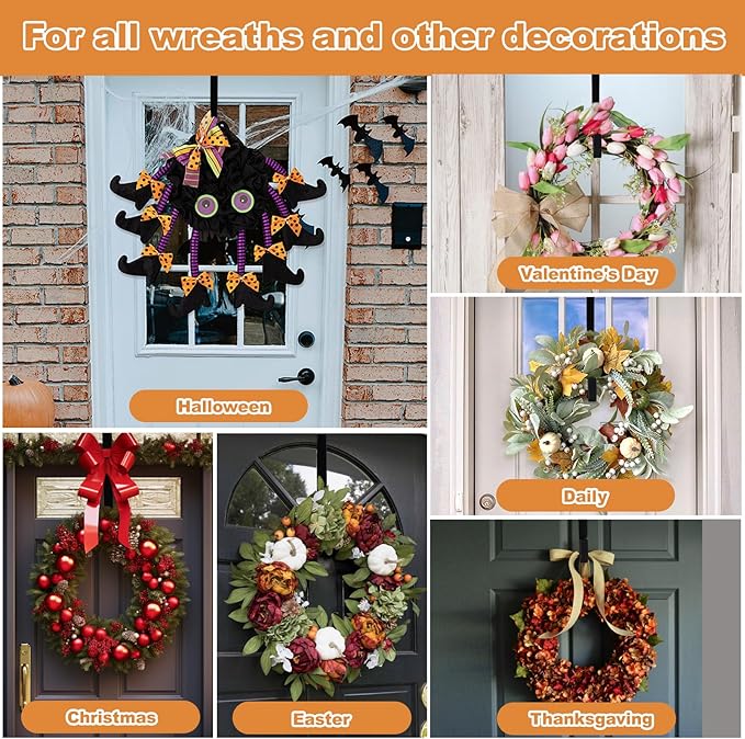 PECULA 4 Pack 14” Wreath Hangers for Front Door, Wreath Door Hanger 40lb Load-Bearing, Metal Wreath Hanger for Welcome Sign, Door Wreath Hanger for Halloween, Easter, Christmas Decorations (Black)