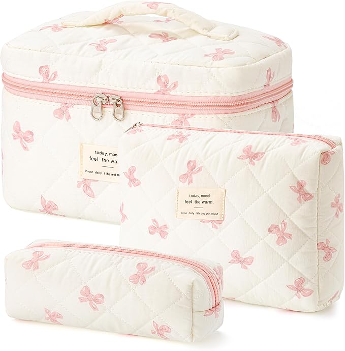 HBselect Quilted Makeup Bag, 3PCS Cotton Large Travel Makeup Bag, Cute Floral Coquette Make up Bag Cosmetic Bag Toiletry Bag for Women Girls