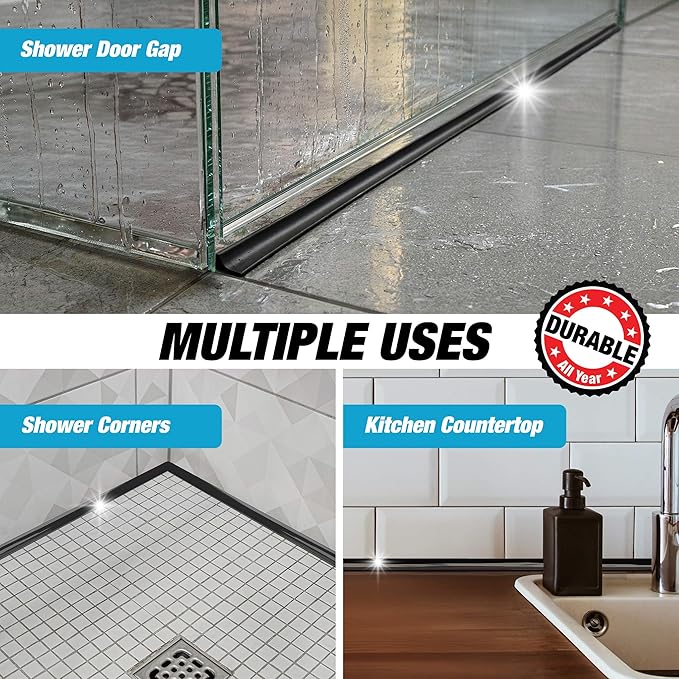 Shower Threshold Water Dam Barrier 98" - Black Collapsible Walk in Shower Water Guard - Door Bottom Seal Strip Leak Guard by Hippo Dam