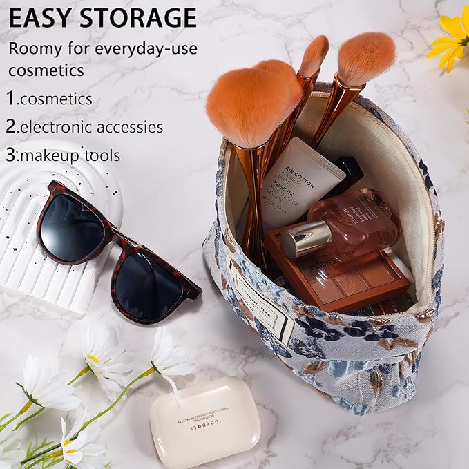 ZLFSRQ Flower Makeup Bag Travel Cute Floral Cosmetic Bags for Women Large Toiletry Pouch Zipper Cosmetic Pouch for Purse Aesthetic Gray Blue Embossed Makeup Organizer Bag Portable Toiletry Bags