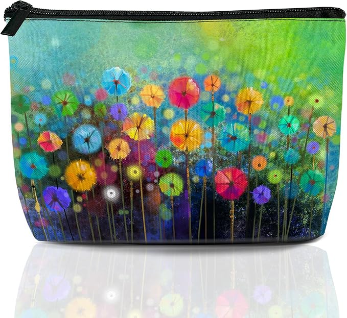Watercolor Floral Makeup Bag Travel Cosmetic Bag for Women,Yellow Green Abstract Small Make up Pouch Travel Bags for Toiletries Aesthetic Accessories Waterproof Gifts