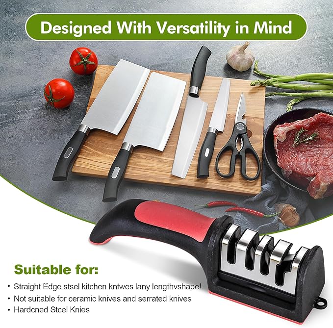 Professional 4-in-1 Knife Sharpener with Tungsten Steel & Ceramic Slots, Manual Sharpener for Chef Knives, Scissors & Straight Edge Blades - Home Kitchen Tool