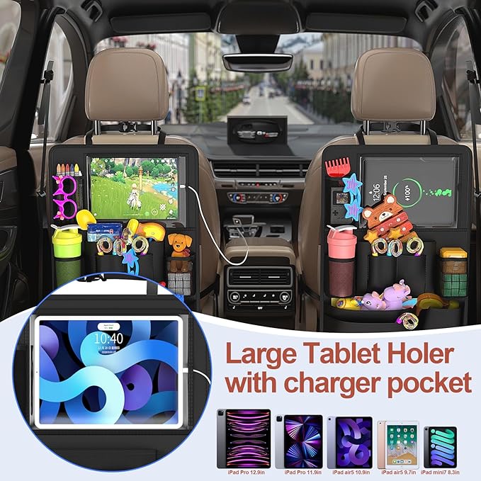 Backseat Car Organizer with Touch Screen, 2 PACK Car Organizer Kick Mats Back Seat Protector with 10pcs Storage Pockets, Car Seat Back Organizers Storage for Kids Road Trip Essentials