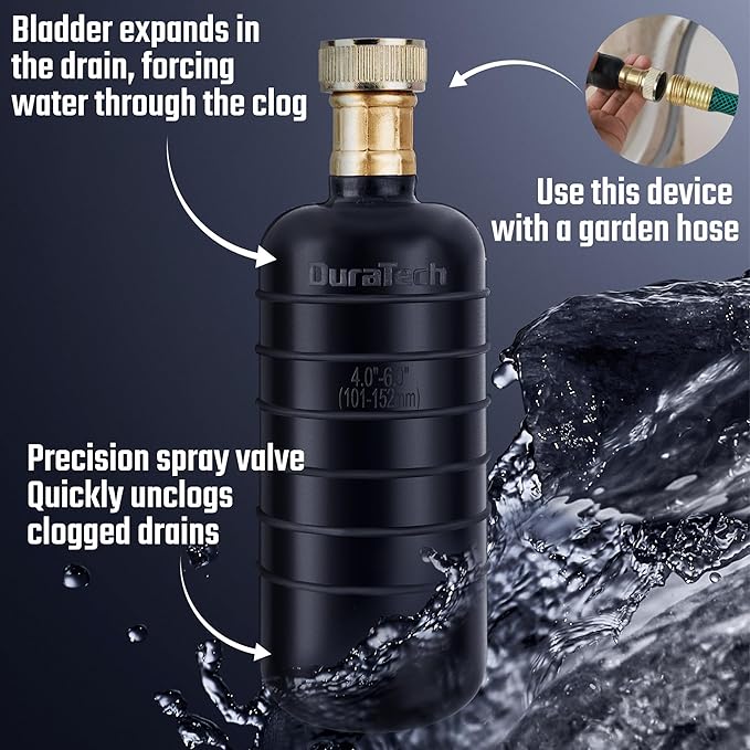 DURATECH Drain Bladder, Large Drain Cleaning Bladder, Fits 4" to 6" Drain Pipes, Unclogs Stubborn Blockages in Kitchen Sinks, bathtubs, Showers, and Main drains