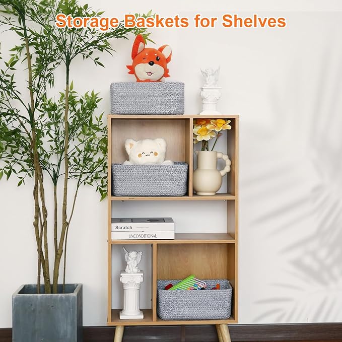 Ordn2Ordn Small Storage Baskets for Organizing, Woven Storage Bins for Shelves, Empty Gift Basket, Cute Decorative Closet Organizer, Baby Rope Basket, Dog Toy Storage, 12.6x8.2x5”, 3-Pack Mixed Gray