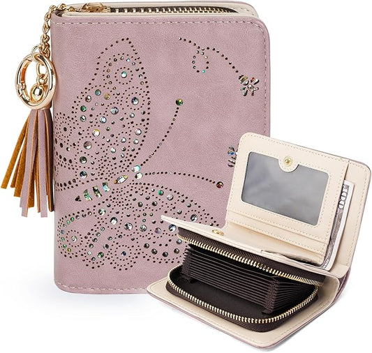 Women RFID Blocking Small Bifold Wallet, Compact Cash Clutch with Zipper Coin Pocket, Glittery Butterfly Design, Credit Card Holder, Travel Purse with Tassel PURPLE