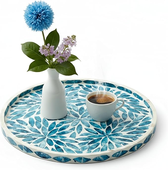 Chunful Mother of Pearl Round Serving Tray 10 Inch Wood Coffee Table Tray for Tea Breakfast Kitchen Cabinet (Leaf Style)