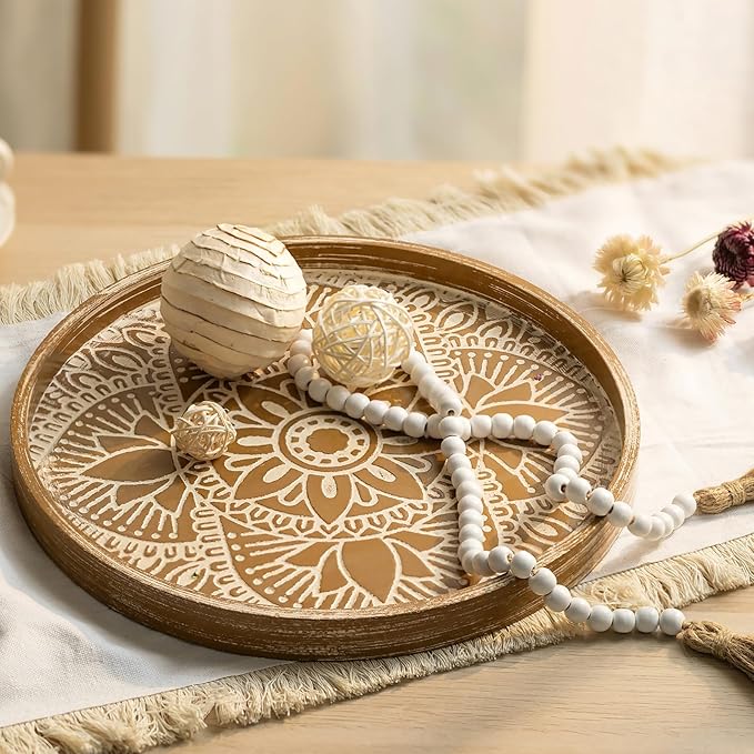 Hanobe Round Decorative Tray for Centerpiece: 2Pcs Vintage Coffee Table Trays with Boho Bead Garland for Home Decor - Farmhouse Wood Serving Platter Circle for Kitchen Counter Women