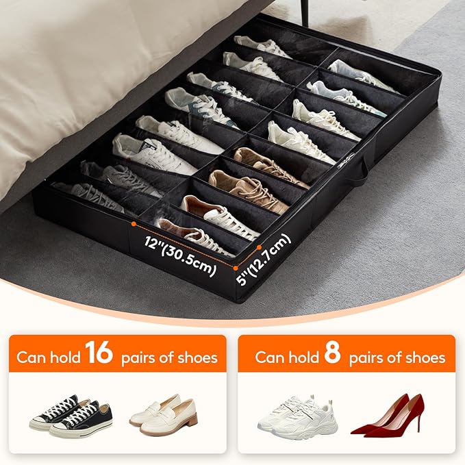 Lifewit Under Bed Shoe Storage Organizer 4 Pack (16 Pairs), 4.3" Tall Fabric Shoes Container Box, Foldable Closet Shoe Bag with 2 Reinforced Handles and Clear Cover, Black