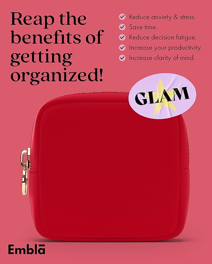 Embla Makeup Bag Travel Cosmetics Pouch and Toiletry Bag, Nylon Zipper Pouch Purse, Cute Make Up Organizer Storage Tote for Women Girls, Waterproof Travel Skincare Case, Small Makeup Bags, Ruby Red